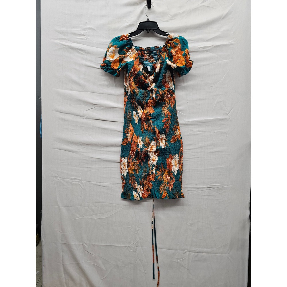 PrettyGarden Womens Smocked‎ Bodycon Dress Blue Floral Polyester Casual Size Med
